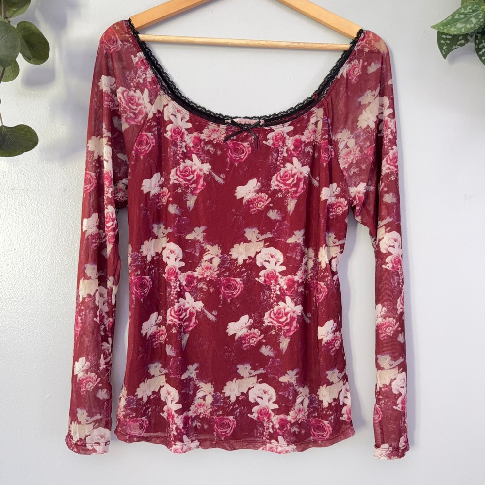 Coco & Shay Top Romantic Cottagecore Burgundy Floral Mesh Lace Trim Bow Wmns 1XL